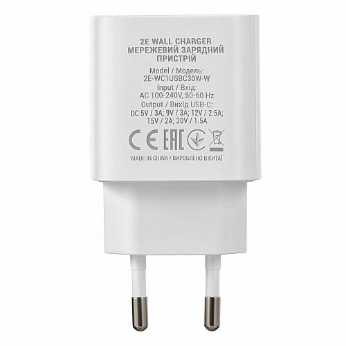 Зарядний пристрій мережевий 2E 30Вт USB-C PD, білий
