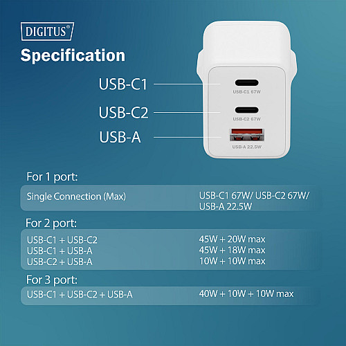 Зарядний пристрій DIGITUS GaN 2хUSB-C, 1хUSB-A, 67W