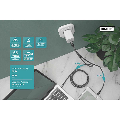 Зарядное устройство DIGITUS 2хUSB-C, 65W, GaN