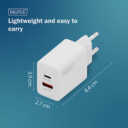 Зарядний пристрій DIGITUS GaN 1хUSB-C, 1хUSB-A, 30W