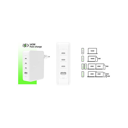 Зарядний пристрій мережевий Belkin 140Вт 3хUSB-С GAN PD PPS, USB-A, білий