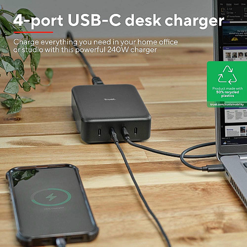 Зарядное устройство сетевое Trust Maxo 240Вт, GaN, 4xUSB-C, PD, черный