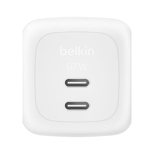 Зарядное устройство сетевое Belkin 67Вт 2хUSB-С GAN PD PPS, кабель USB-С > USB-C, 2м, белый