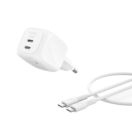 Зарядное устройство сетевое Belkin 50Вт 2хUSB-С GAN PD PPS, кабель USB-С > USB-C, 1м, белый