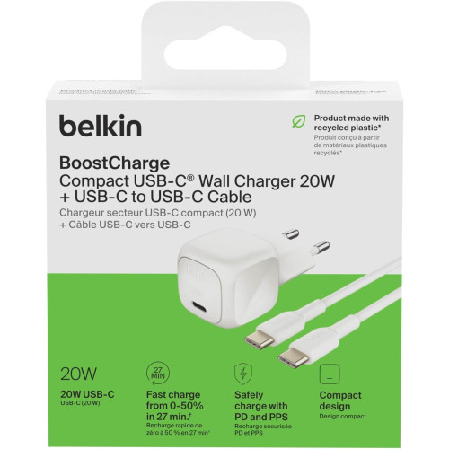 Зарядний пристрій мережевий Belkin 20Вт USB-С PD PPS, кабель USB-С > USB-C, 1м, PVC, білий