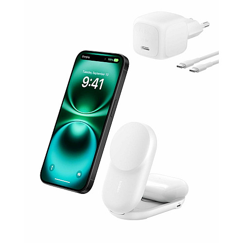 Зарядний пристрій бездротовий Belkin UltraCharge 2в1 Foldable Magnetic Charging 25Вт, білий