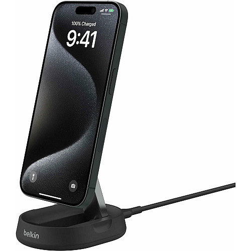 Зарядний пристрій бездротовий Belkin 15Вт Magnetic Stand Qi2, адаптер 20Вт USB-C, чорний