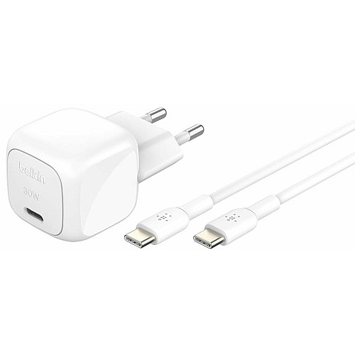 Зарядное устройство сетевое Belkin 30Вт USB-С PD PPS, кабель USB-С > USB-C, 1м, PVC, белый
