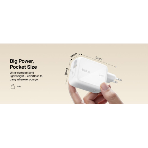 Зарядний пристрій мережевий Belkin 67Вт USB-C PD, PPS, вбудований кабель USB-C, білий