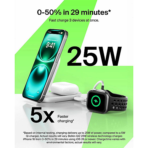 Зарядний пристрій бездротовий Belkin UltraCharge 2в1 Foldable Magnetic Charging 25Вт, білий