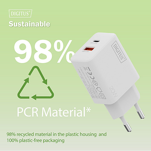 Зарядний пристрій DIGITUS 1хUSB-C, 1хUSB-A, 20W