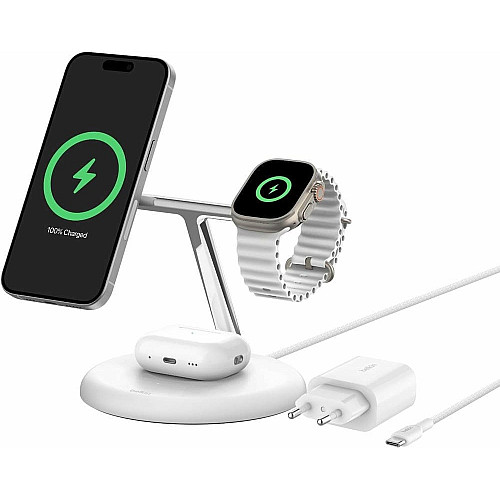 Зарядний пристрій бездротовий Belkin 3в1 Magnetic Adjustable Pad Qi2 15Вт, білий