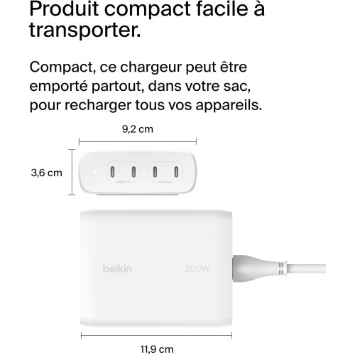 Зарядний пристрій мережевий Belkin 200Вт 4хUSB-С GAN PD PPS, білий
