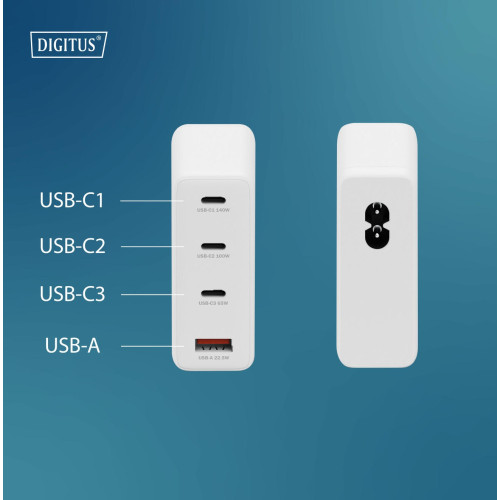 Зарядний пристрій DIGITUS GaN 3хUSB-C, 1хUSB-A, 140W