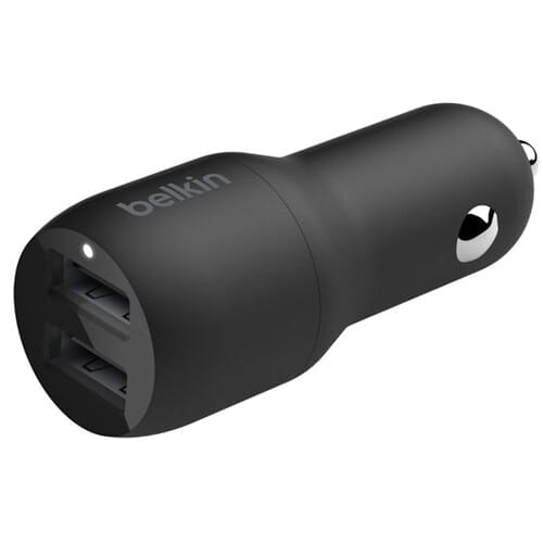 Зарядний пристрій автомобільний Belkin 24Вт 2хUSB-A, кабель USB-A > USB-C, 1м, чорний