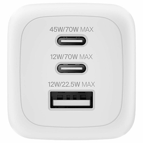 Зарядний пристрій мережевий Belkin 70Вт 2хUSB-С/USB-A GAN PD PPS, білий