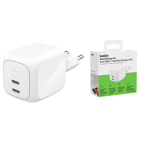 Зарядний пристрій мережевий Belkin 67Вт 2хUSB-С GAN PD PPS, білий