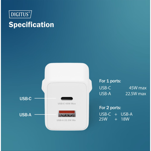 Зарядний пристрій DIGITUS GaN 1хUSB-C, 1хUSB-A, 45W