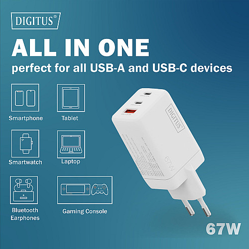 Зарядний пристрій DIGITUS GaN 2хUSB-C, 1хUSB-A, 67W