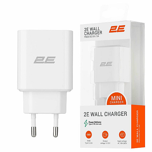 Зарядний пристрій мережевий 2E 20Вт USB-C PD, білий