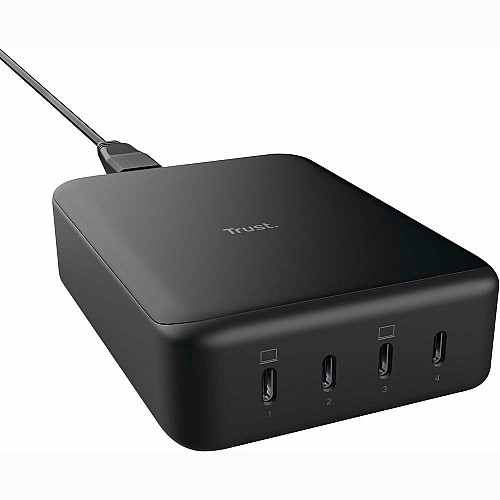 Зарядное устройство сетевое Trust Maxo 240Вт, GaN, 4xUSB-C, PD, черный