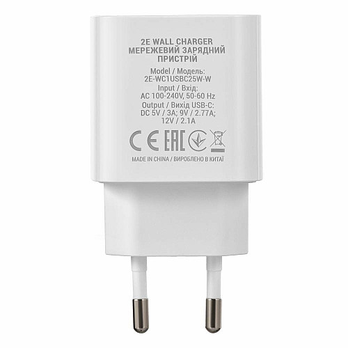 Зарядний пристрій мережевий 2E 25Вт USB-C PD, білий