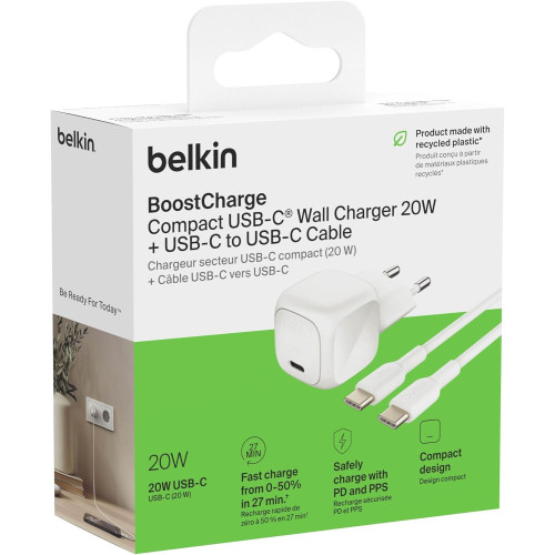Зарядний пристрій мережевий Belkin 20Вт USB-С PD PPS, кабель USB-С > USB-C, 1м, PVC, білий