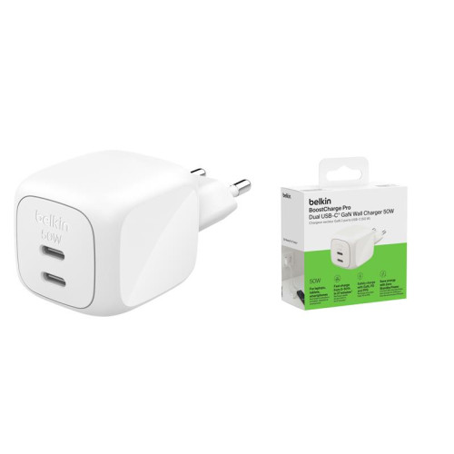 Зарядний пристрій мережевий Belkin 50Вт 2хUSB-С GAN PD PPS, білий