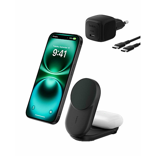 Зарядное устройство для беспроводной связи Belkin UltraCharge 2в1 Foldable Magnetic Charging 25Вт, черный