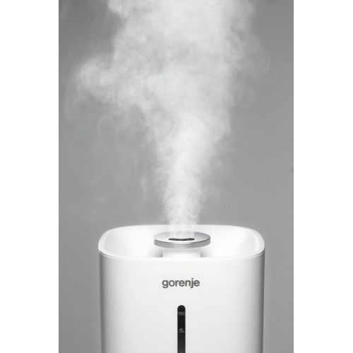 Зволожувач повітря Gorenje ультразвуковий, 20м2, 5л, 500мл/г, електр. кер-ння, верх. залив воды, авт. вимкн, білий