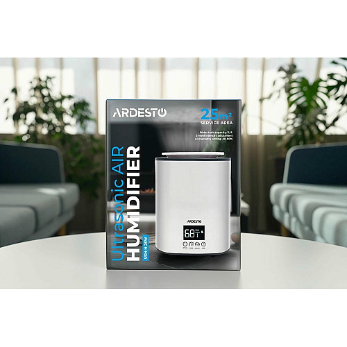 Зволожувач повітря ARDESTO ультразвуковий, 25м2, 3.1л, 250мл/г, електр. кер-ння, верх. залив води, дисплей, білий