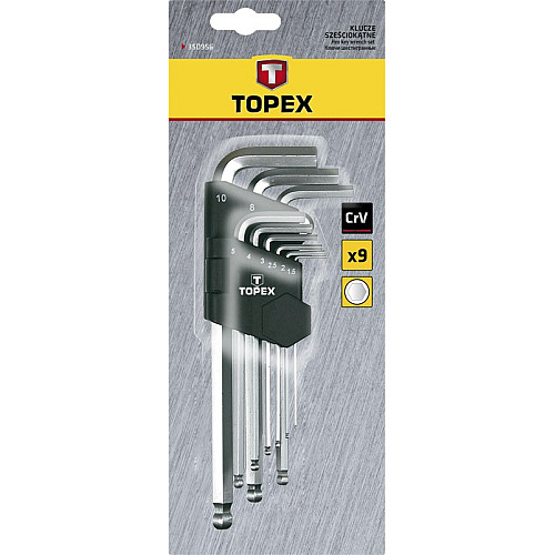 Ключи шестигранные TOPEX, длинные, шаровидный наконечник, CrV, 1.5-10мм, набор 9шт.