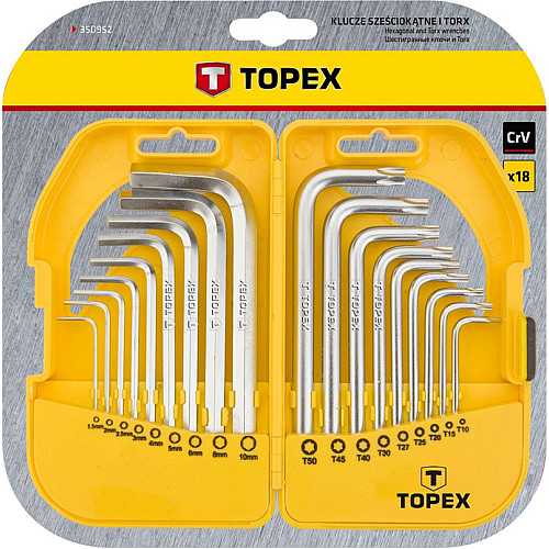 Ключи комбинированные TOPEX шестигранные и Torx CrV, 1.5-10мм, T10-T50 набор 18шт.