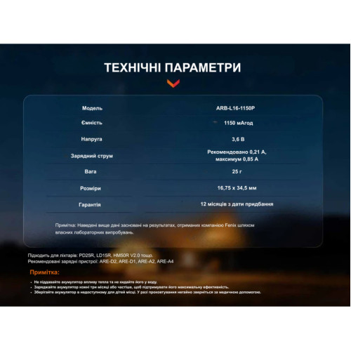 Акумулятор 16340 Fenix (1150 mAh)