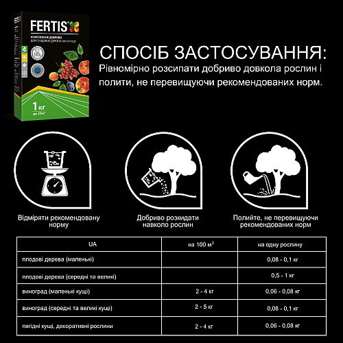Комплексное удобрение для плодовых деревьев и винограда Fertis без хлора и нитратов, 1 кг.