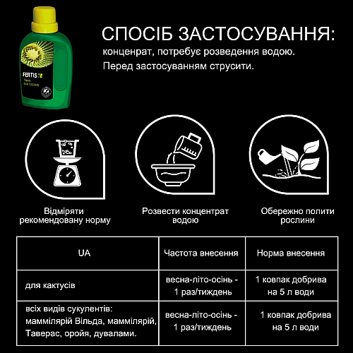 Рідке добриво для кактусів та сукулентів Fertis, без хлору 0,5 л