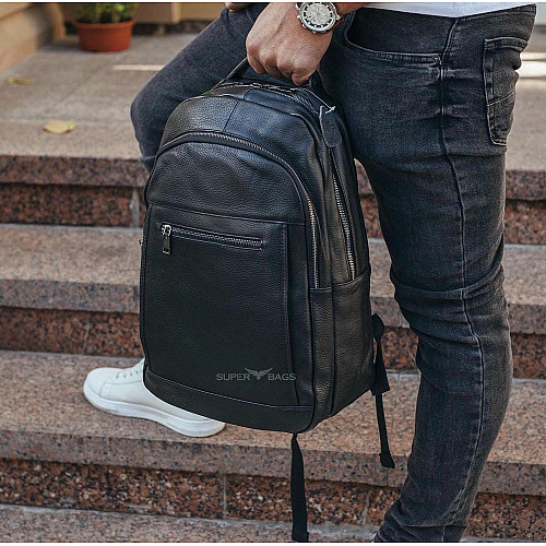 Кожаный мужской рюкзак для ноутбука и поездок черный Tiding Bag D3-93438