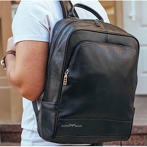 Мужской рюкзак кожаный для ноутбука черный Tiding Bag B2-884371A