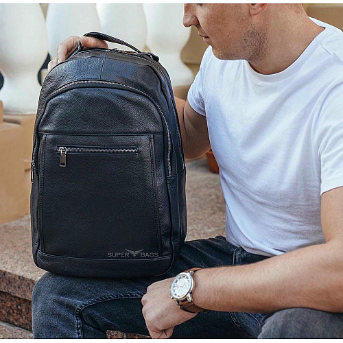 Кожаный мужской рюкзак для ноутбука и поездок черный Tiding Bag D3-93438
