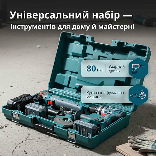 Набор из двух аккумуляторных инструментов Konner&Sohnen KS IDAGB 20V SET 1 20В дрель ударная, шлифмашина угловая, быстрый ЗП 2.4А акб 1х2А·час+1х4А·час кейс 3кг