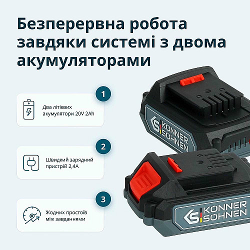 Набор из двух аккумуляторных инструментов Konner&Sohnen KS IDISD 20V SET 2 20В дрель ударная, вертолет, быстрый ЗП 2А акб 2х2А·час кейс 5кг