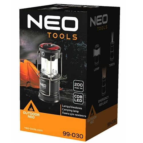 Фонарь кемпинговый на батарейках Neo Tools, ААх3, 200лм, 3Вт, 3 функции освещения, 3 магнита в подставке, красный сигнальный свет