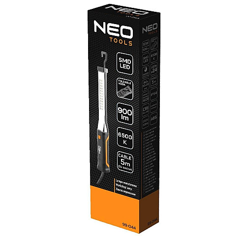 Фонарь инспекционный Neo Tools, 220В, 900лм, 10Вт, кабель 5м, крючок 360°, IK08 ударопрочность, IP44