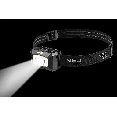 Фонарь налобный аккумуляторный Neo Tools, 1200мАч, 250лм, 3Вт, 5 функций освещения, красный свет, датчик движения, индикатор заряда