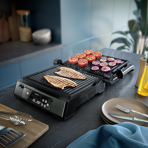 Гриль Philips прижимной Series 7000, 2200Вт, съемные пластины, термощуп, раскрытие на 180°, металл, черный