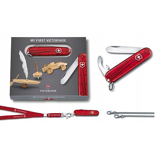 Нож Victorinox My First 84мм/9функ/прозрачный красный + цепочка 41815 + шнурок 4187