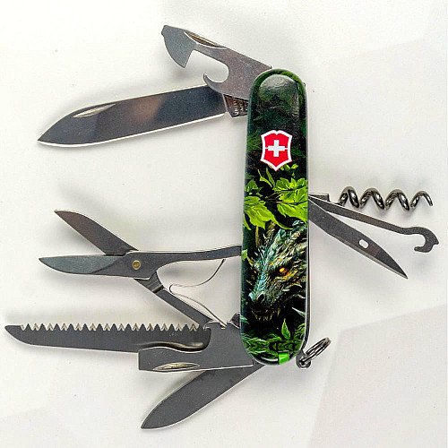 Нож Victorinox Huntsman Zodiac 91мм/15функ/Зеленый деревянный дракон/разноцветный