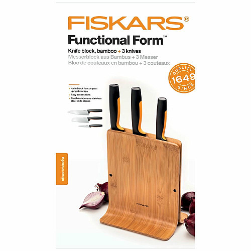 Набор ножей Fiskars Functional Form, бамбуковая подставка, 3шт, нержавеющая сталь, пластик, бамбук, черный
