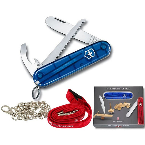 Нож Victorinox My First 84мм/9функ/прозрачный синий + цепь.41815+шнурок 4187