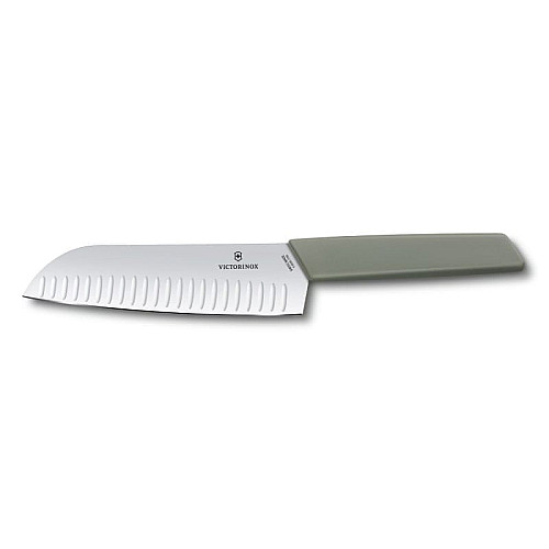 Кухонный нож Victorinox Swiss Modern Santoku, 17 см, рифл., зел. ручкой, блистер
